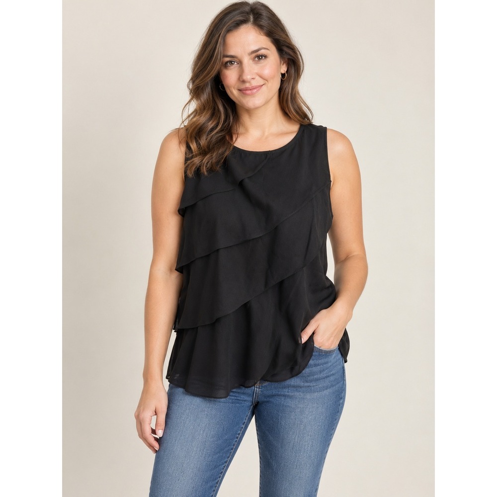 Zara Basic Black Tiered Ruffle Sleeveless Blouse Gold Zip Back Tank Top Medium